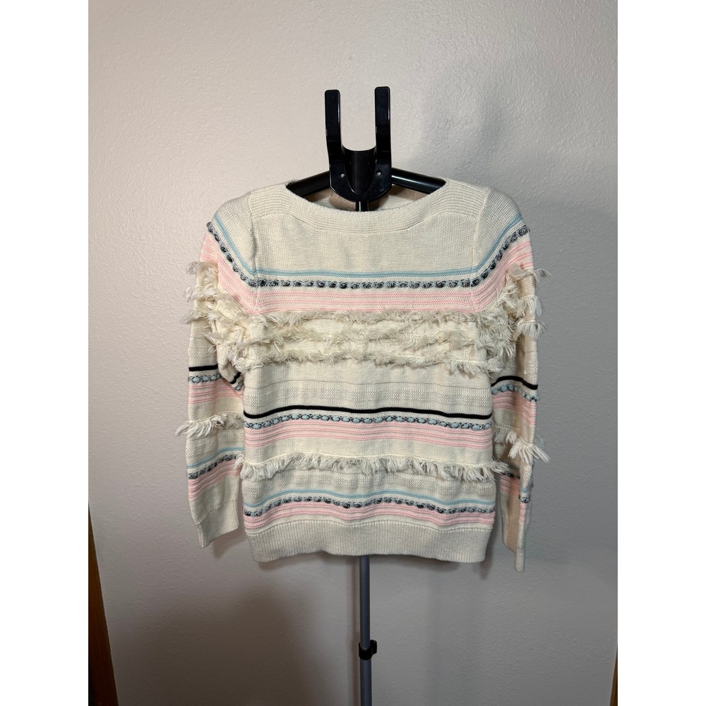 LOFT‎ Womens Large Cream Fringe Striped Cotton Knit Crew Neck Sweater Boho Ivory